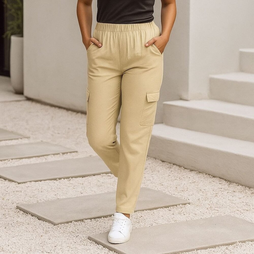 GAP Med Pants Women Cargo Pocket Elastic Waist Pull-on High-Rise Soft Twill Tan